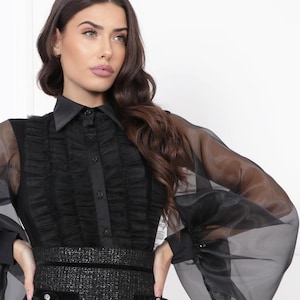 Elegant Black Blouse with Sheer Organza Sleeves – Tulle & Satin Collar Shirt – Chic Women&#39;s Formal Blouse