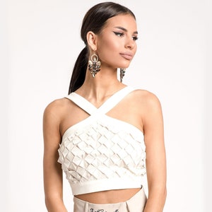 Stylish White Designer Halter Summer Crop Top with unique rhombus details
