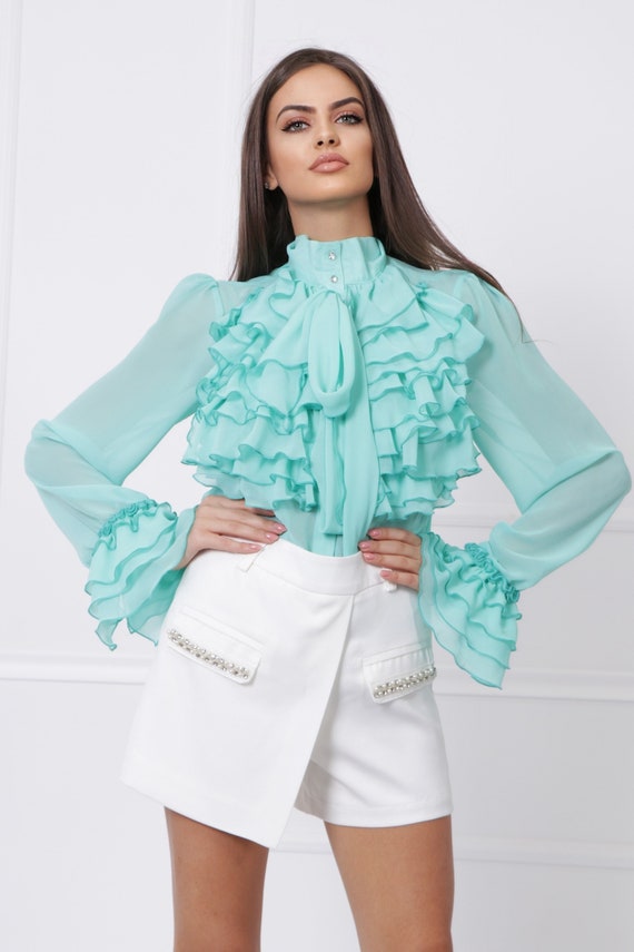 Mint Ruffle Chiffon Blouse: Victorian Style Designer Shirt - Etsy