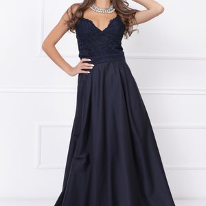 Blue Event Gown Navy Blue Maxi Elegant Satin Long V-neck Sleeveless A-line Dress with lace and spaghetti straps 012754 image 3