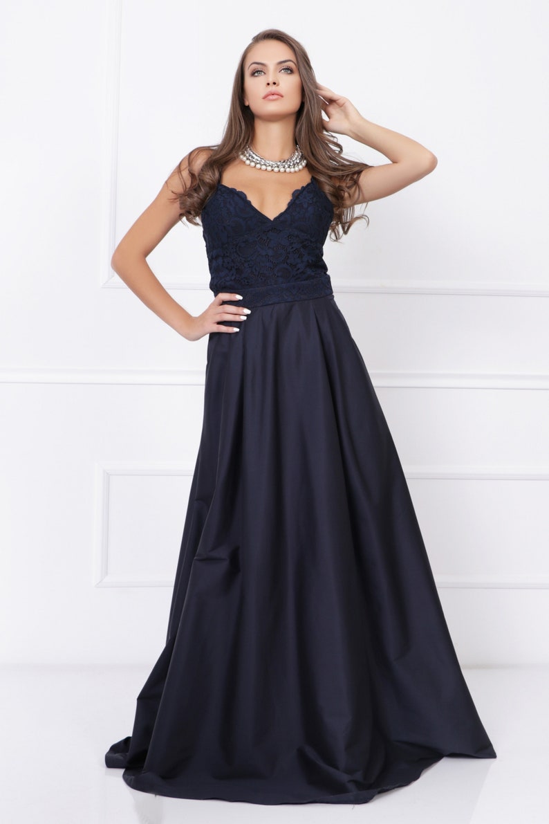 Blue Event Gown Navy Blue Maxi Elegant Satin Long V-neck Sleeveless A-line Dress with lace and spaghetti straps 012754 image 3