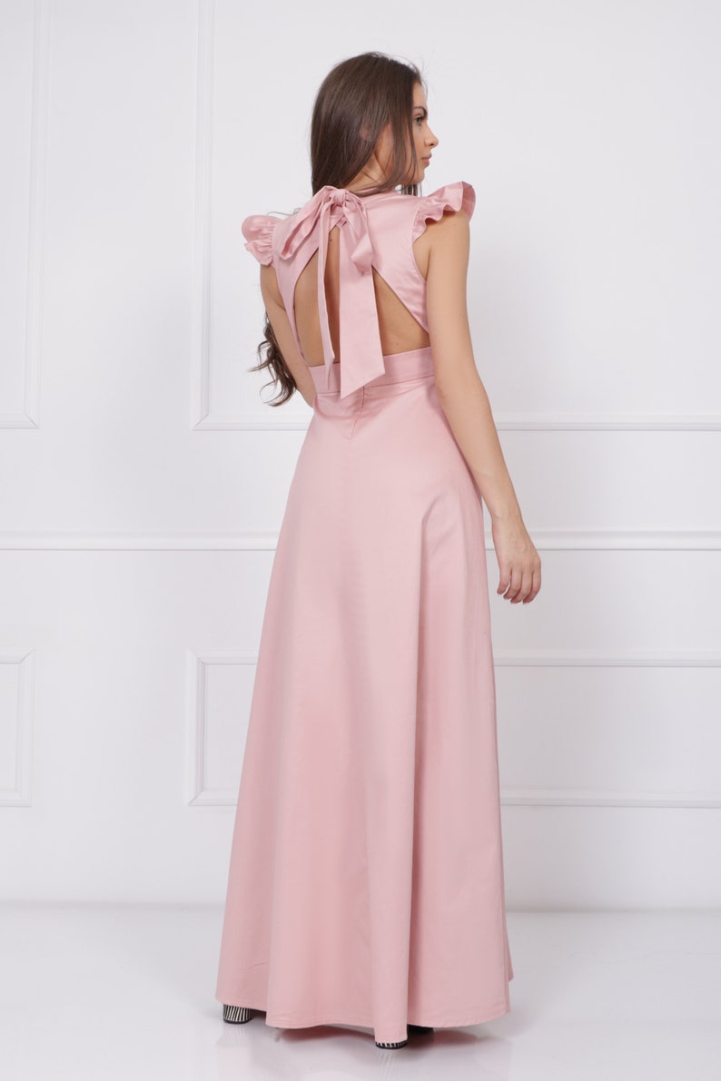 Pink elegant dress maxi empire type dress evening cotton dress v-neck open back dress long prom dress image 4