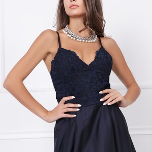 Blue Event Gown Navy Blue Maxi Elegant Satin Long V-neck Sleeveless A-line Dress with lace and spaghetti straps 012754 image 4