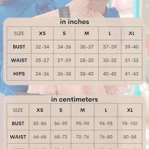 May include: Size chart for clothing in inches and centimetres. The chart shows measurements for bust, waist, and hips in sizes XS, S, M, L, and XL.