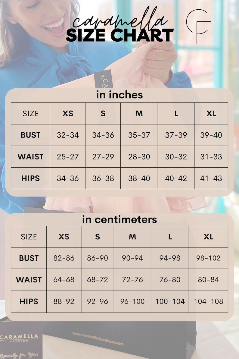 May include: Size chart for clothing in inches and centimetres. The chart shows measurements for bust, waist, and hips in sizes XS, S, M, L, and XL.