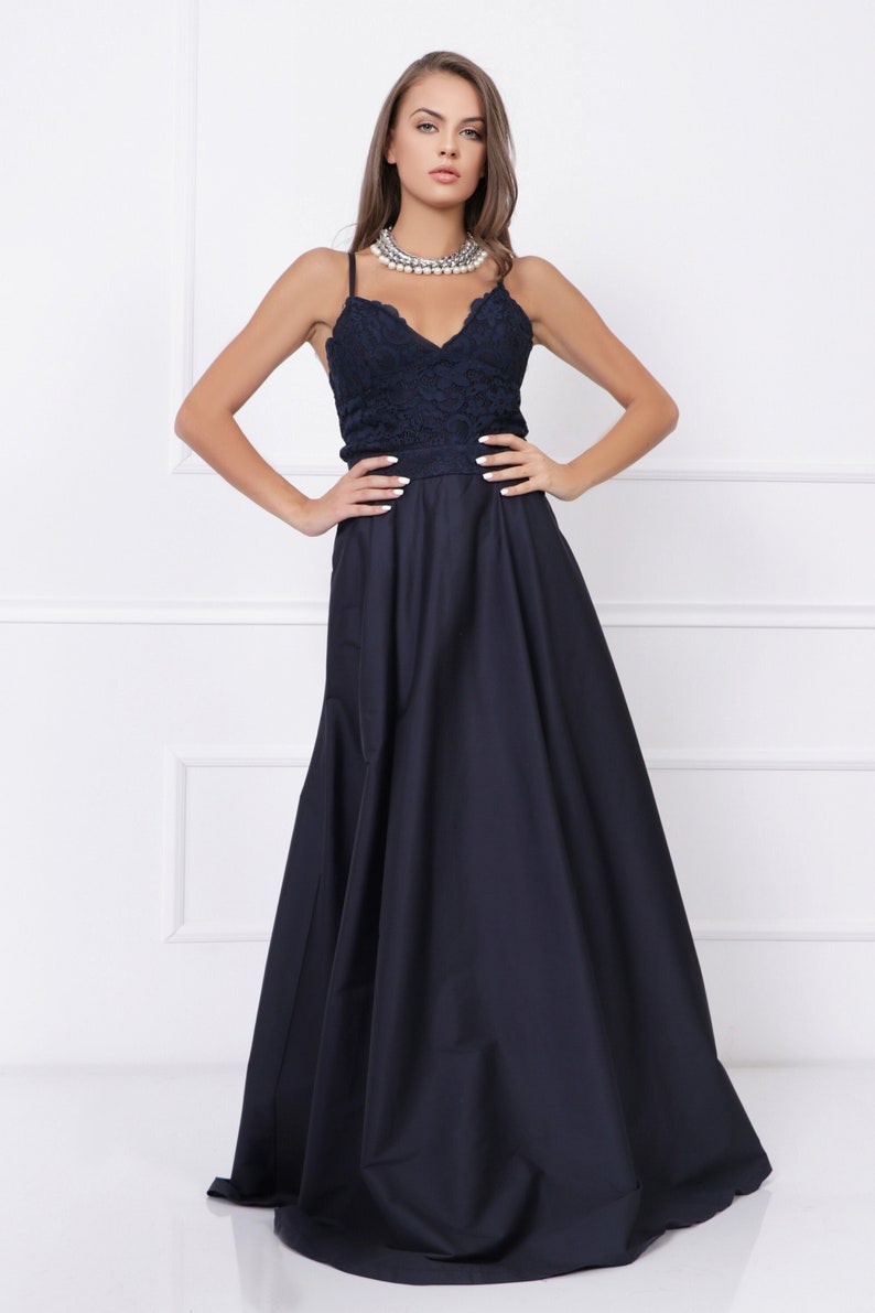 Blue Event Gown Navy Blue Maxi Elegant Satin Long V-neck Sleeveless A-line Dress with lace and spaghetti straps 012754 image 1