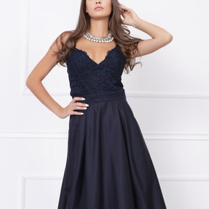 Blue Event Gown Navy Blue Maxi Elegant Satin Long V-neck Sleeveless A-line Dress with lace and spaghetti straps 012754 image 7
