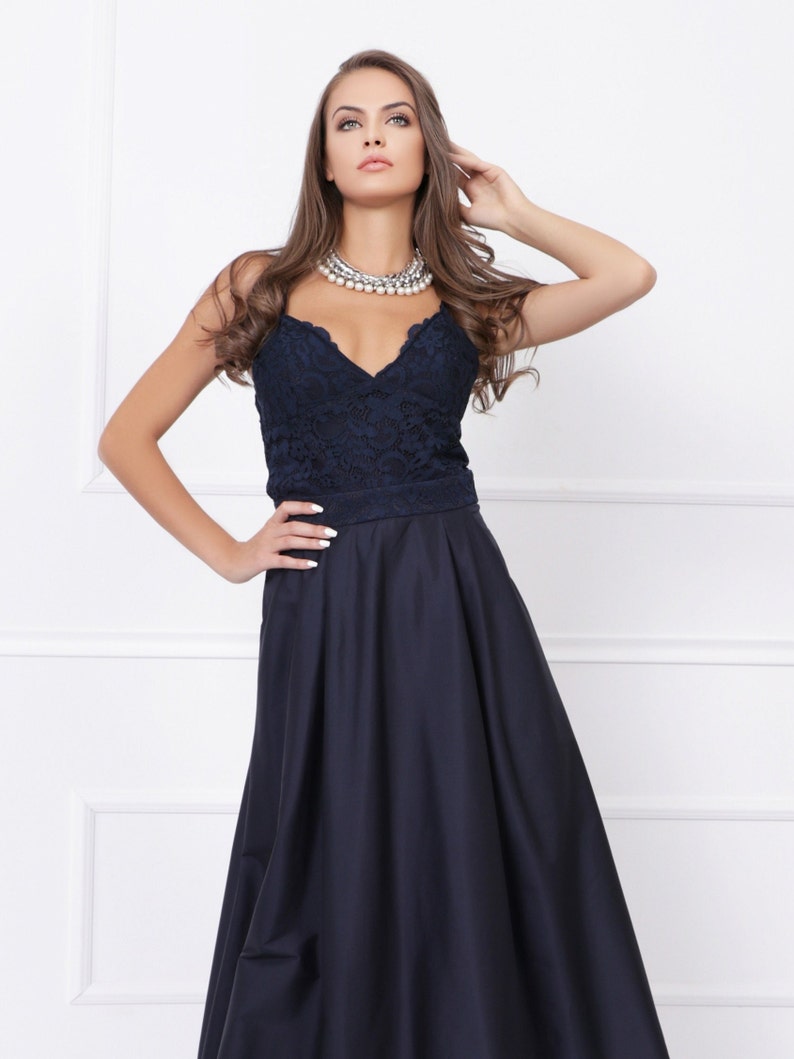 Blue Event Gown Navy Blue Maxi Elegant Satin Long V-neck Sleeveless A-line Dress with lace and spaghetti straps 012754 image 7
