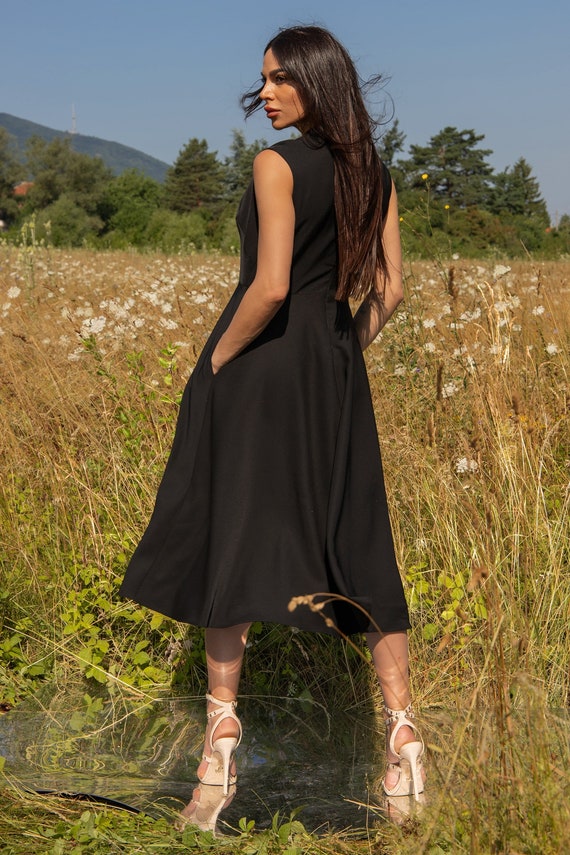 Black Sleeveless Dress Midi Black Dress Designer Dress by
