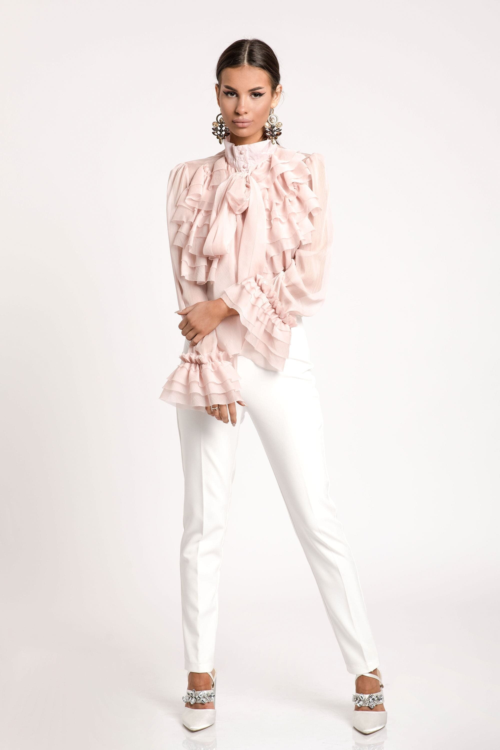 Victorian Chiffon Blouse: Pink Ruffle Designer Shirt