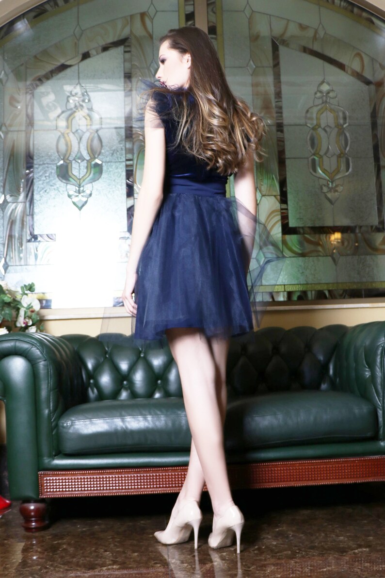 Dark blue elastic high-waisted mini skirt Evening party skirt Dinner date skirt Above-the-knee skirt by Caramella Fashion 032096 image 5