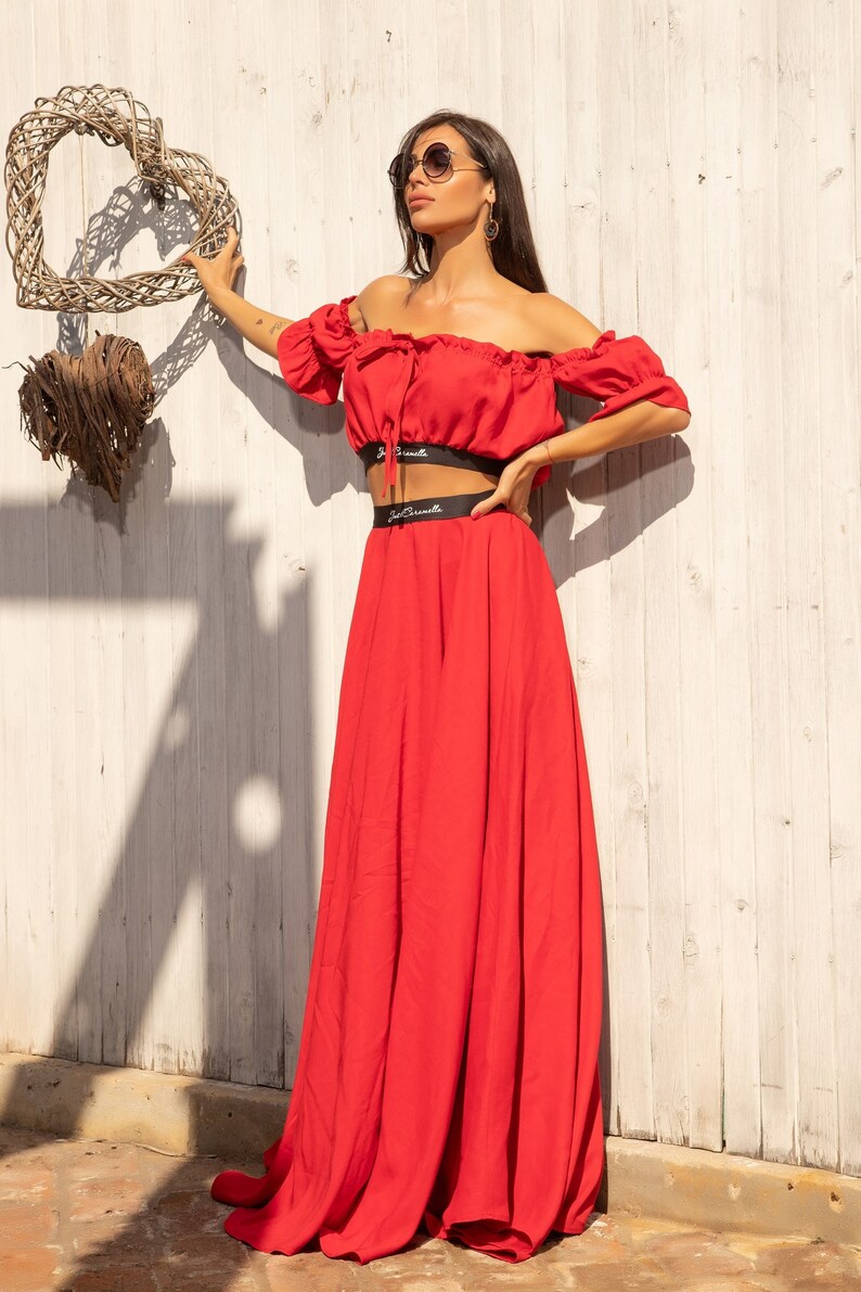 Linen Red Long set, composed of an off-the-shoulder short sleeve crop top and long flowy skirt by Caramella Fashion 082095 image 1