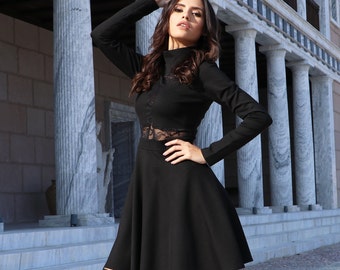 Black Lace Mini Dress: Long Sleeve Turtleneck Cocktail Dress Black Lace Mini Dress: Long Sleeve Turtleneck Cocktail Dress