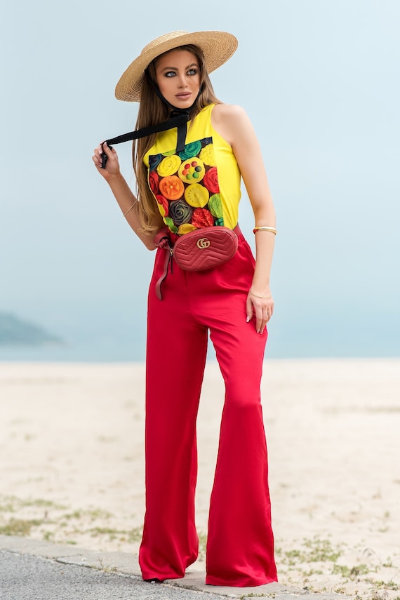 Red Linen Pants Casual Long Pants Everyday High waisted Pants Flowy Linen Pants by Caramella Fashion Etsy