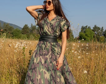 Camouflage Dress, Camo Maxi Dress, Wedding Guest Dress, Womens Clothing, Army Dress, Formal Gown, Dress With Leather Belt, Elegant ~ 012729