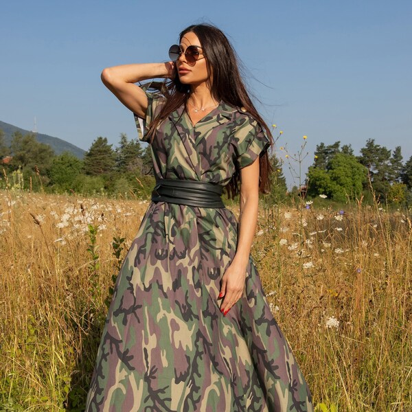 Camouflage Dress, Camo Maxi Dress, Wedding Guest Dress, Womens Clothing, Army Dress, Formal Gown, Dress With Leather Belt, Elegant ~ 012729