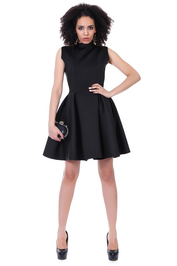 Mini Black sleeveless high-neck a-line elegant evening extravagant fitted short dress Mini Black sleeveless high-neck a-line elegant evening extravagant fitted short dress