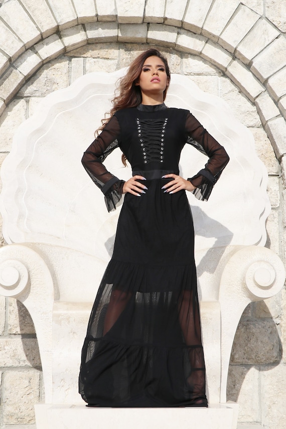 Black Lace Sheer Maxi Dress, Dresses