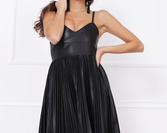 Black Faux Leather Midi Dress: Sleeveless V-neck Designer Dress - Etsy