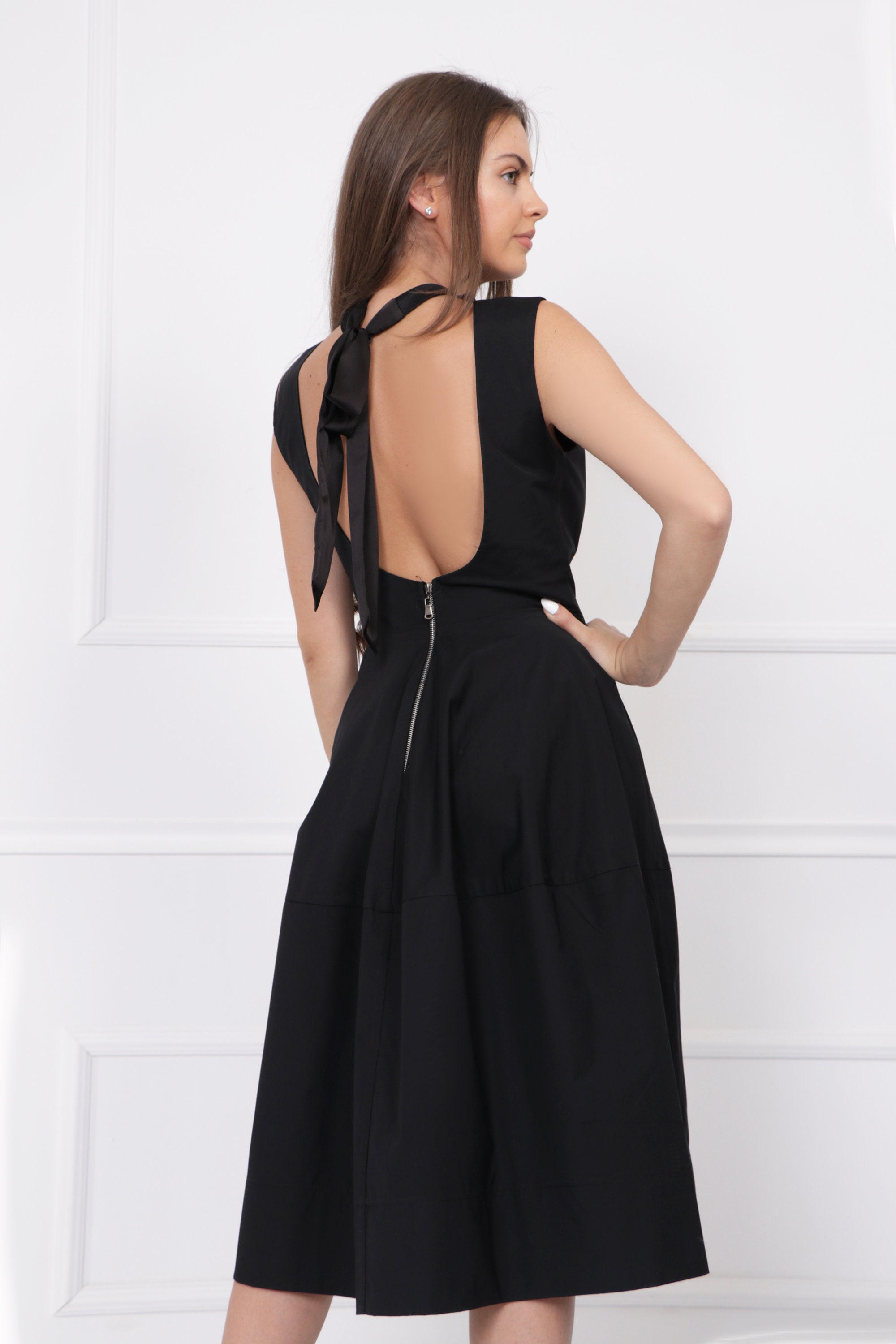 Midi Black Cotton Dress Elegant Sleeveless Dress Open Back Aline Dress