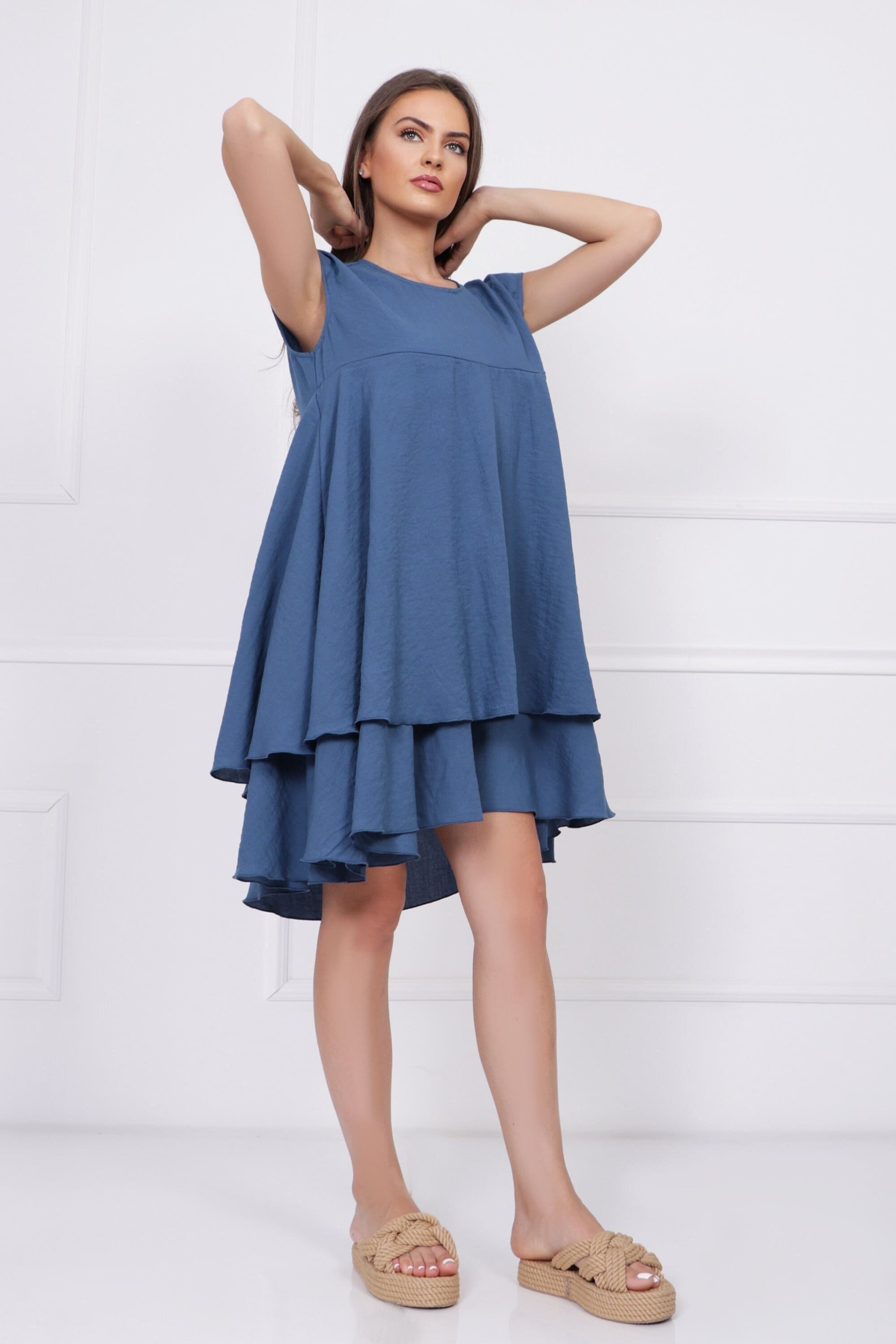 Blue Asymmetric Layered Mini Dress Sleeveless Formal Shift