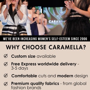 May include: A black and white striped dress with a black tulle overlay. The dress is being modelled on a catwalk. The text "CARAMELLA" is visible in the background. The text "WE'VE BEEN INCREASING WOMEN'S SELF-ESTEEM SINCE 2006" is also visible. The text "WHY CHOOSE CARAMELLA?" is displayed with a list of reasons to choose the brand.