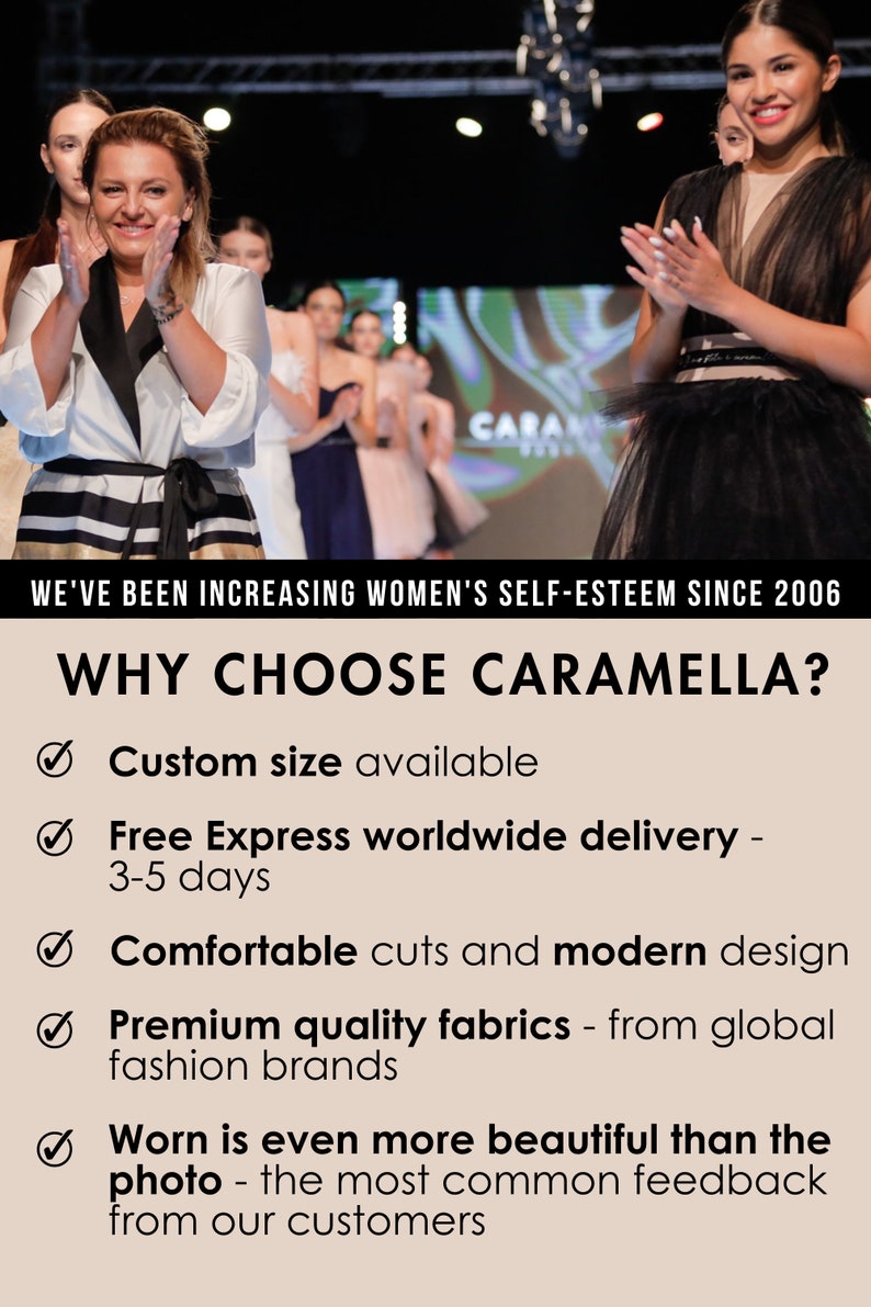 May include: A black and white striped dress with a black tulle overlay. The dress is being modelled on a catwalk. The text "CARAMELLA" is visible in the background. The text "WE'VE BEEN INCREASING WOMEN'S SELF-ESTEEM SINCE 2006" is also visible. The text "WHY CHOOSE CARAMELLA?" is displayed with a list of reasons to choose the brand.