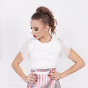 Designer White Short sleeve Round neck Cotton Top with Crystal Tulle Short Sleeves by Caramella Fashion 022497 image 6
