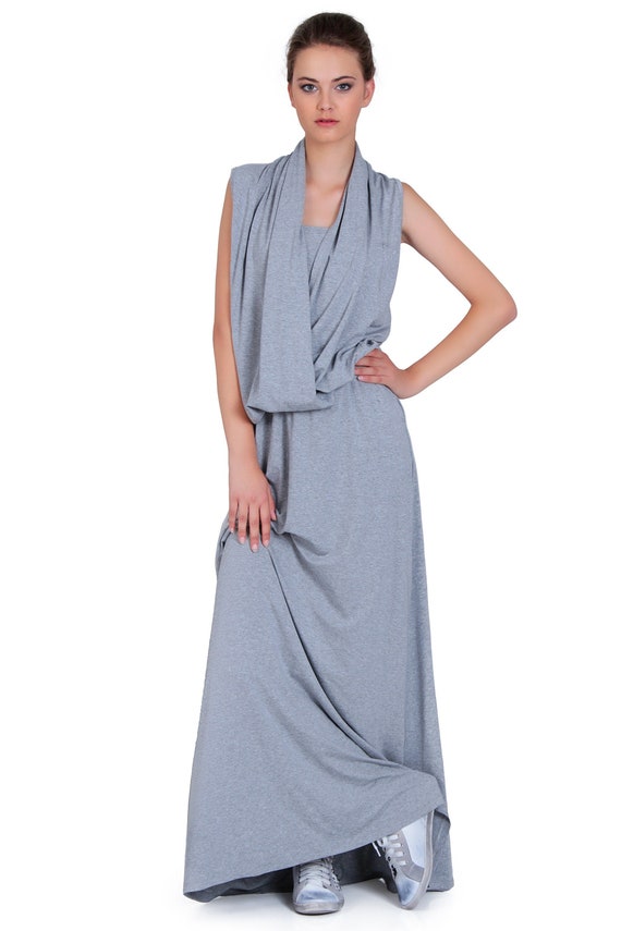 Handmade Gray Jersey Maxi Dress with Draped Scarf