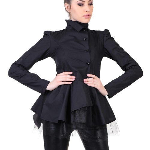 Black Peplum Top, Womens Clothing, Futuristic Blouse, Gothic Tulle