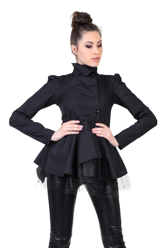 Black Peplum Top, Womens Clothing, Futuristic Blouse, Gothic Tulle