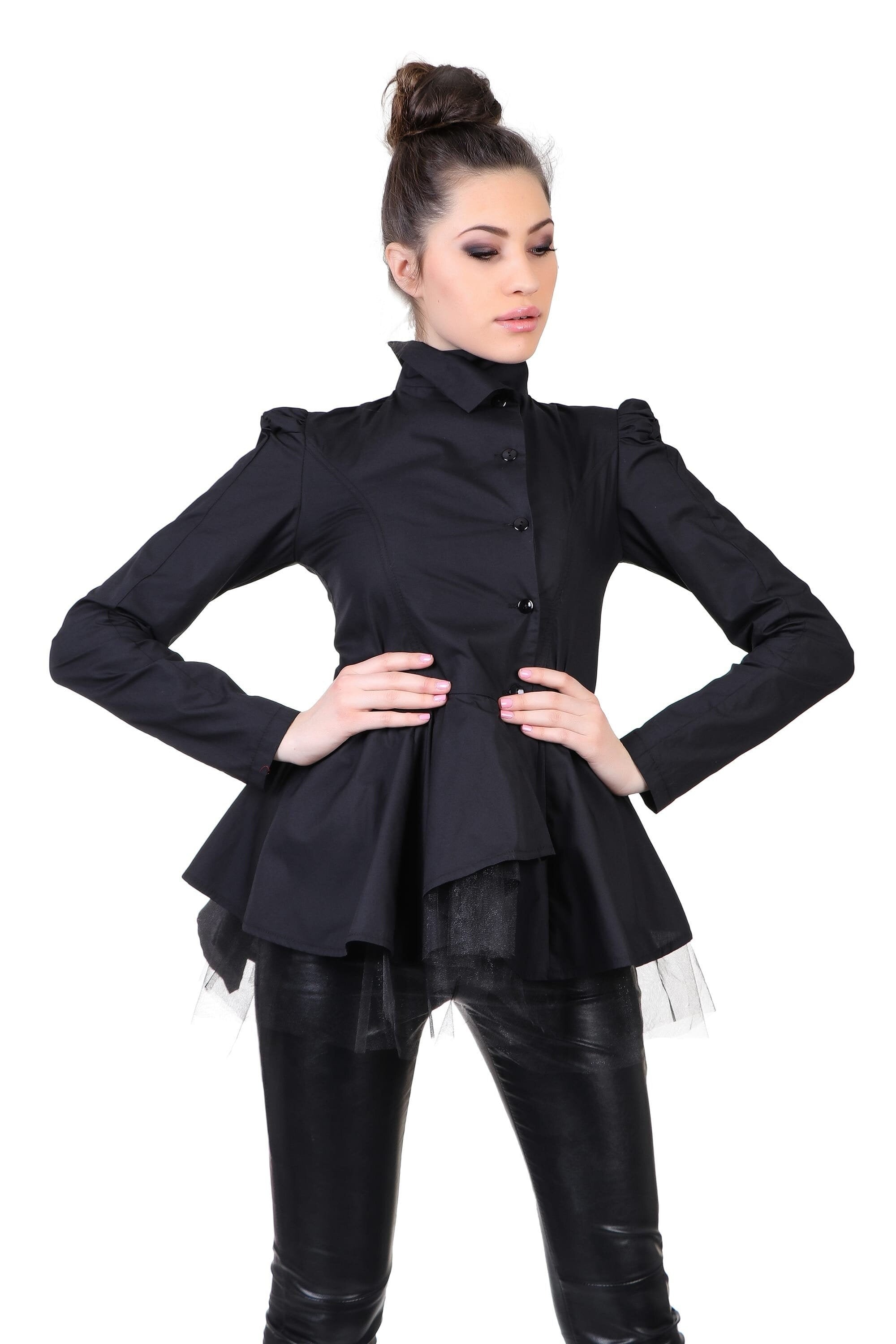 全信頼を寄せる Black Peplum Gothic Blouse, Futuristic Clothing, Womens Top, シャツ+ブラウス(半袖+袖なし)