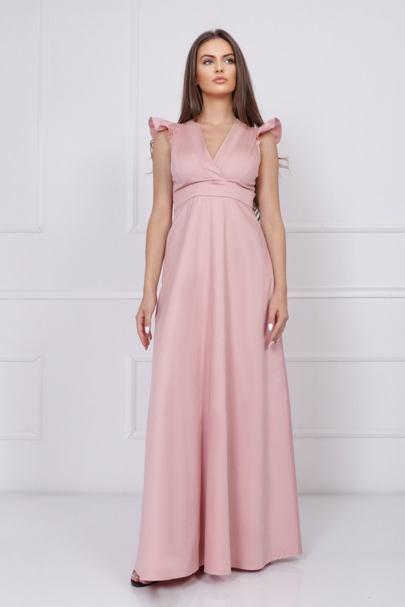 Pink elegant dress maxi empire type dress evening cotton dress v-neck open back dress long prom dress image 1