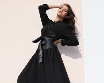 Long Black Dress | Italian Silk Flared Dress | Designer Dress by Caramella Fashion - 012551