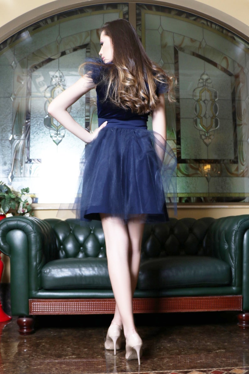 Dark blue elastic high-waisted mini skirt Evening party skirt Dinner date skirt Above-the-knee skirt by Caramella Fashion 032096 image 6