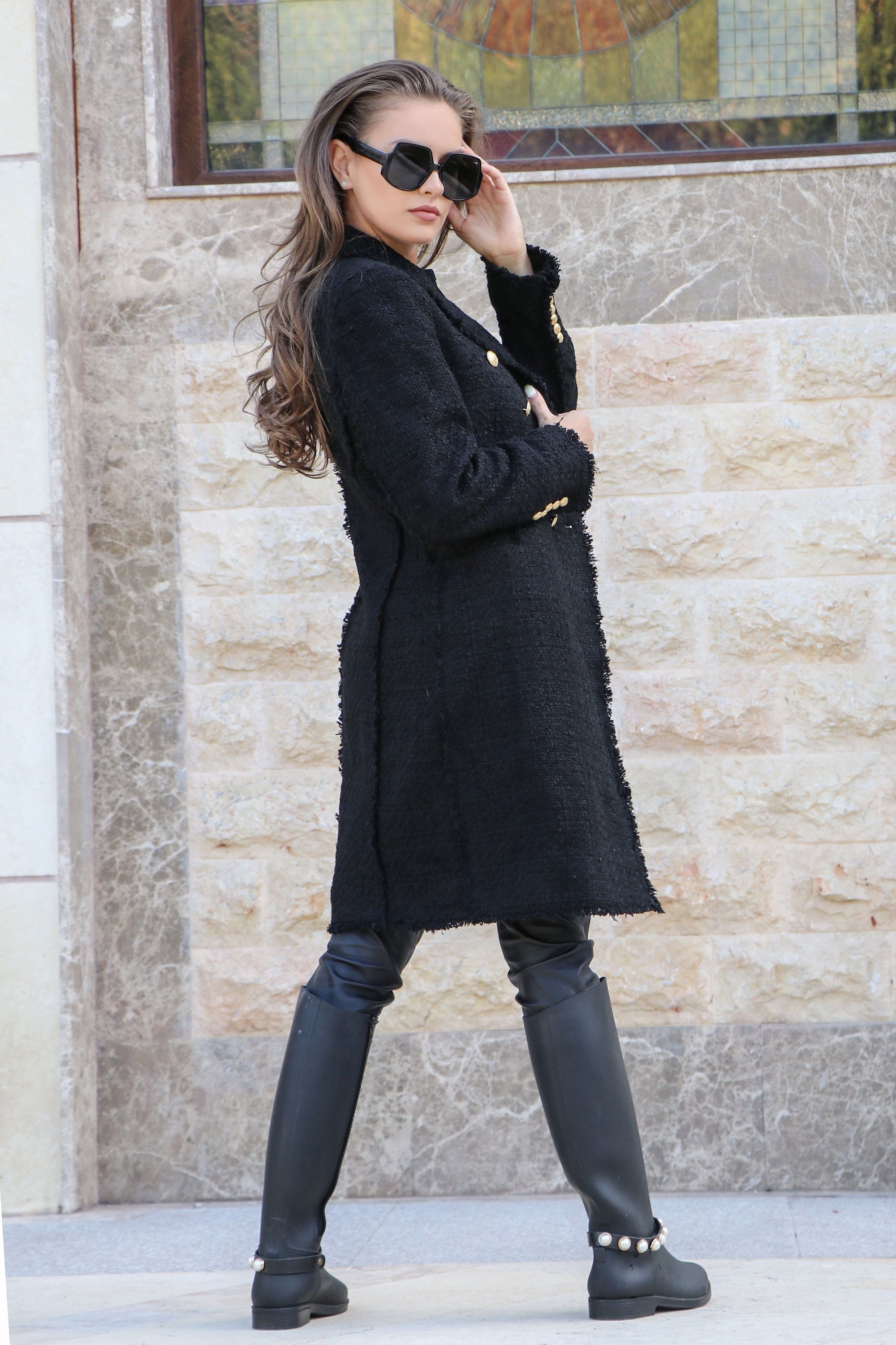 ムートン・ファーコート GENERAL IDEA Two-way zipper boucle fur jacket BLACK WBD4L075 Black_three_quarter_shearling_