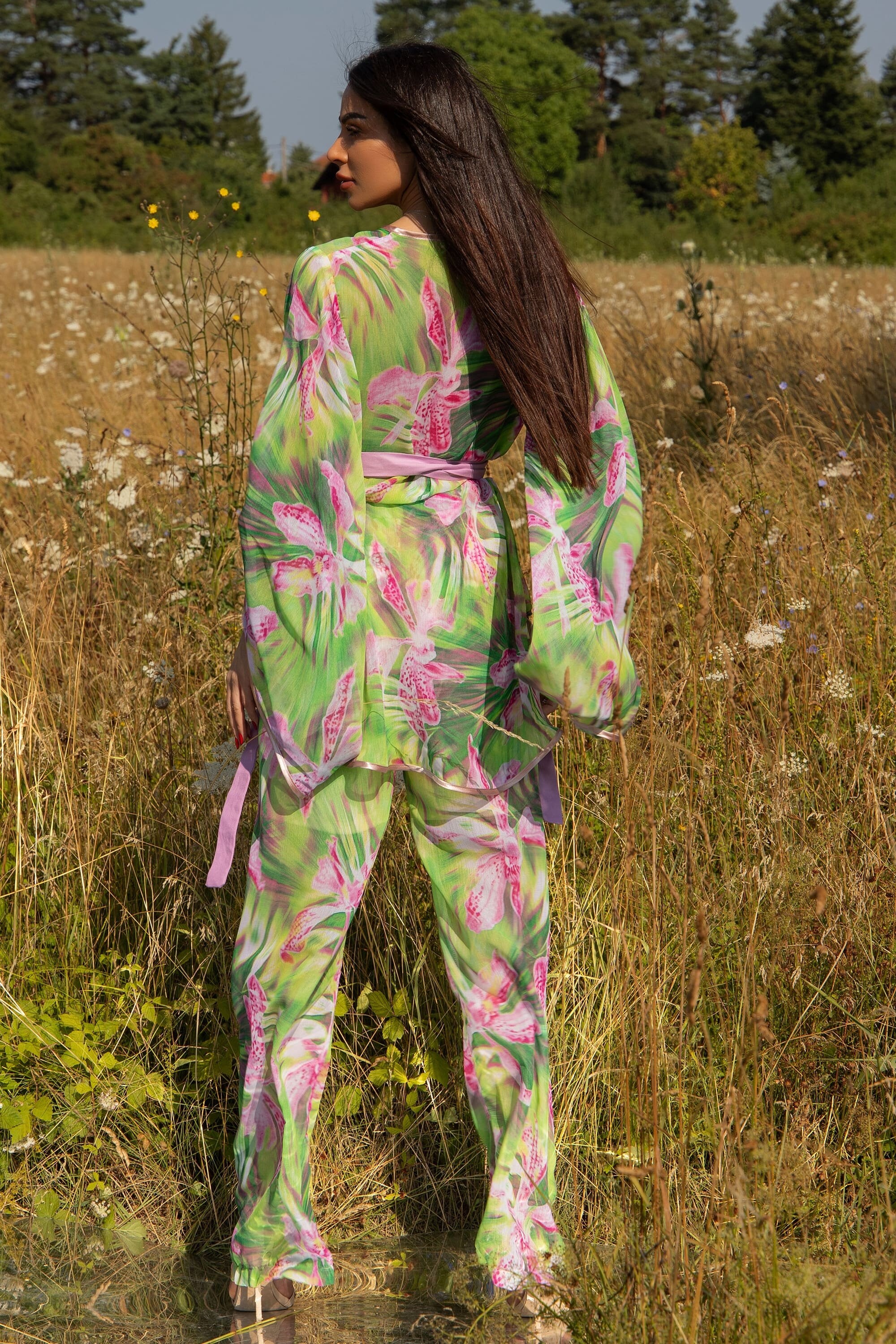 Summer Floral Set, Sheer Pants, Botanical Outfit, Green and
