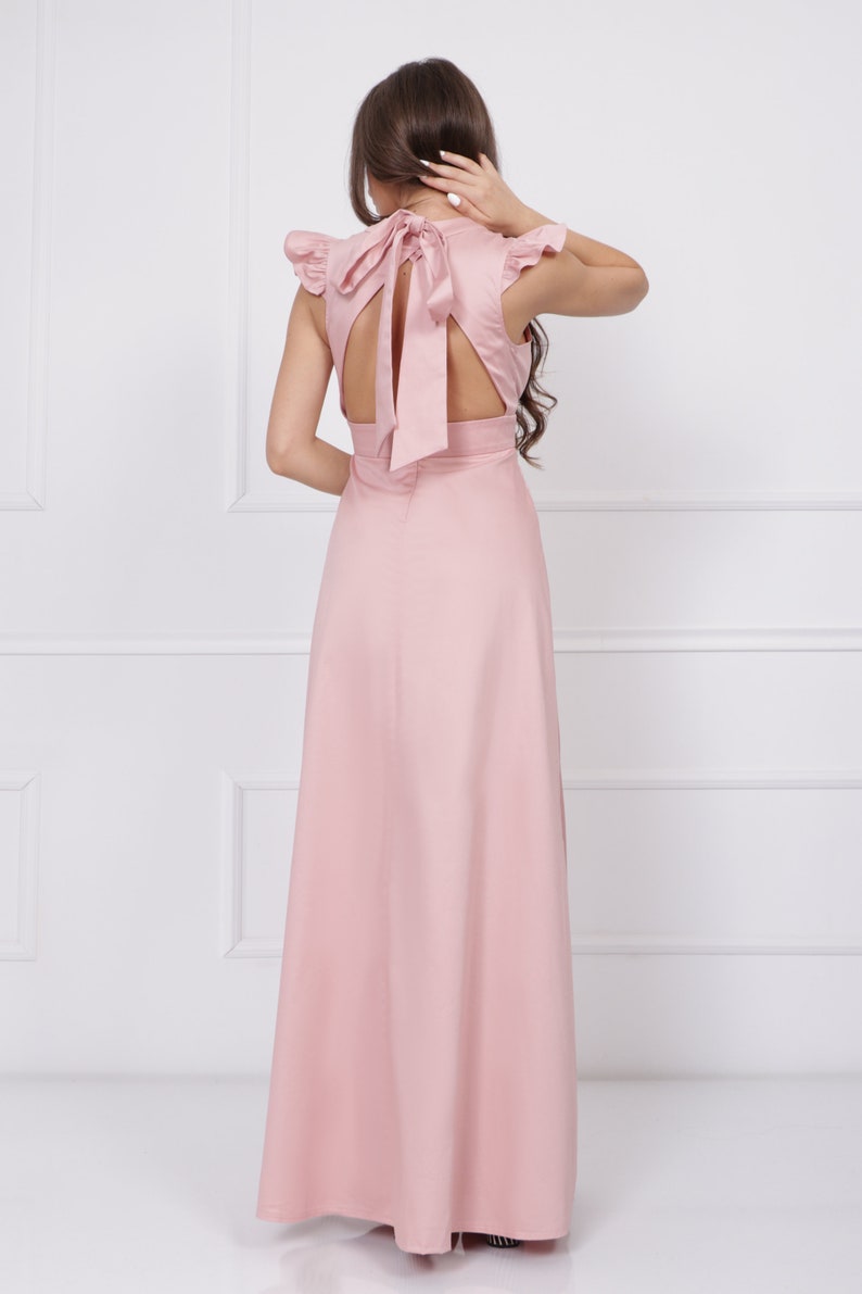 Pink elegant dress maxi empire type dress evening cotton dress v-neck open back dress long prom dress image 6