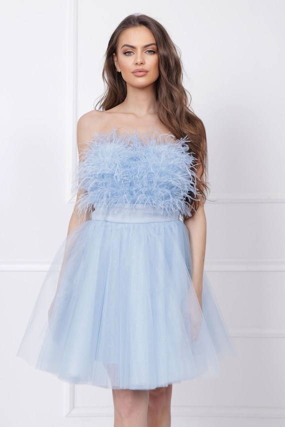 Baby Blue Feather Dress Summer Wedding Guest Dress Light Blue Formal Dress Cocktail Dress Aesthetic Dress Prom Dress Strapless Dress Etsy UK