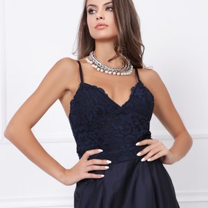 Blue Event Gown Navy Blue Maxi Elegant Satin Long V-neck Sleeveless A-line Dress with lace and spaghetti straps 012754 image 9