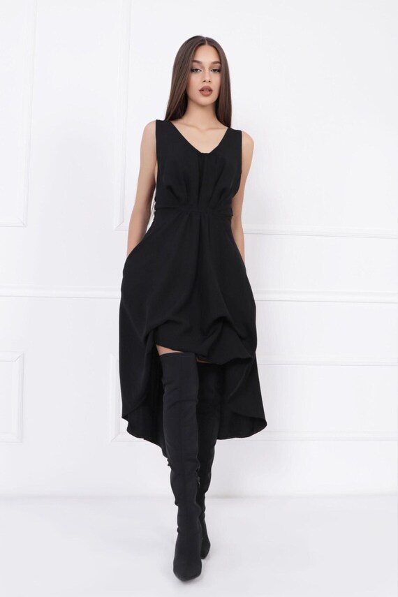 Asymmetrical Black Midi Dress: Draped Skirt, Open Back, Italian Fabric Asymmetrical Black Midi Dress: Draped Skirt, Open Back, Italian Fabric