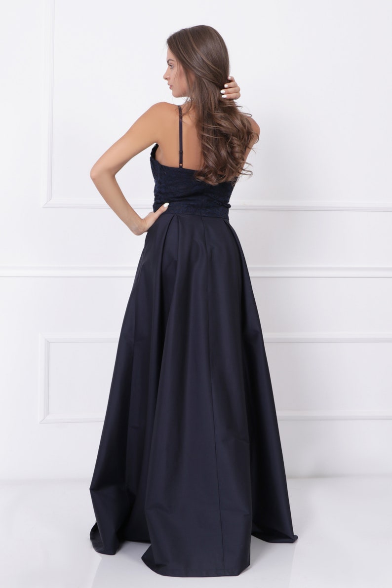 Blue Event Gown Navy Blue Maxi Elegant Satin Long V-neck Sleeveless A-line Dress with lace and spaghetti straps 012754 image 2