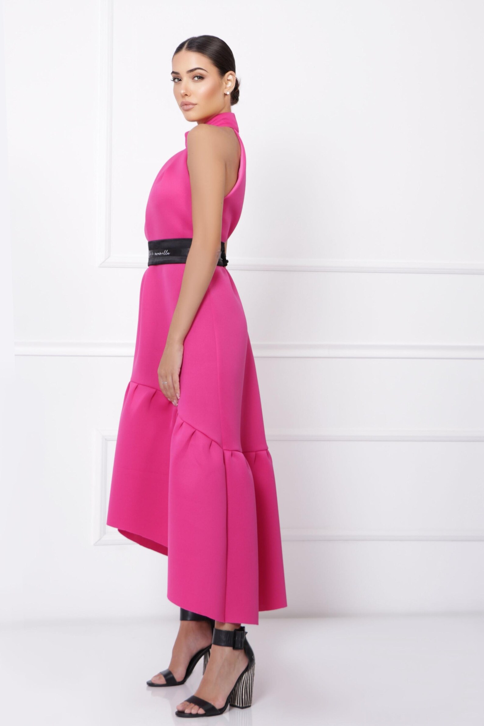 Women Fuchsia Asymmetrical Hem Dress, With V-neck