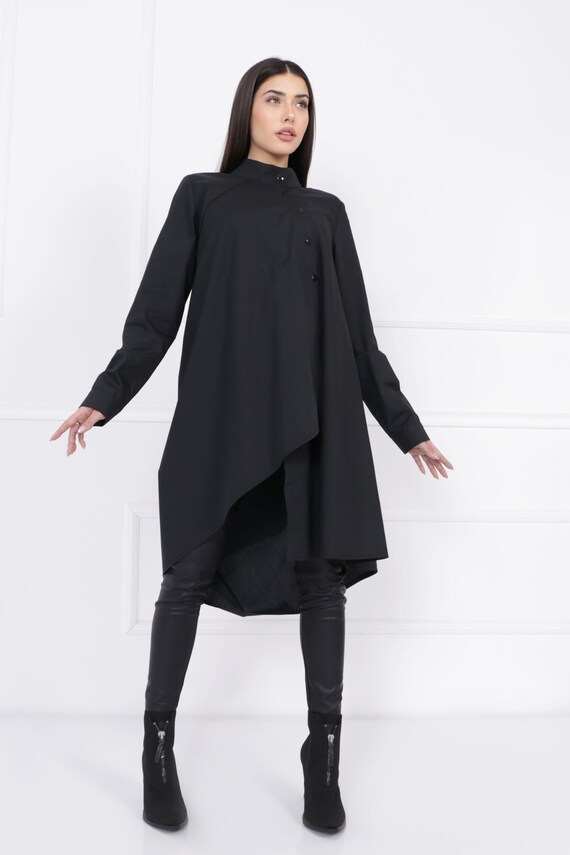 Asymmetrical Black Cotton Shirt Dress: High Low Tunic