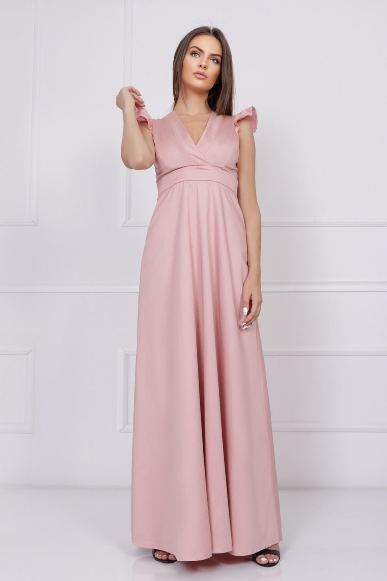 Pink elegant dress maxi empire type dress evening cotton dress v-neck open back dress long prom dress image 2