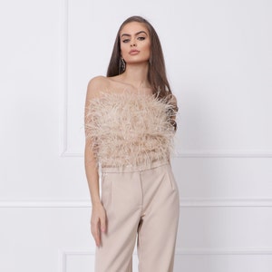 Beige Cold shoulder Crop Top Vintage Crop Top with Feathers Designer Crop Top image 7