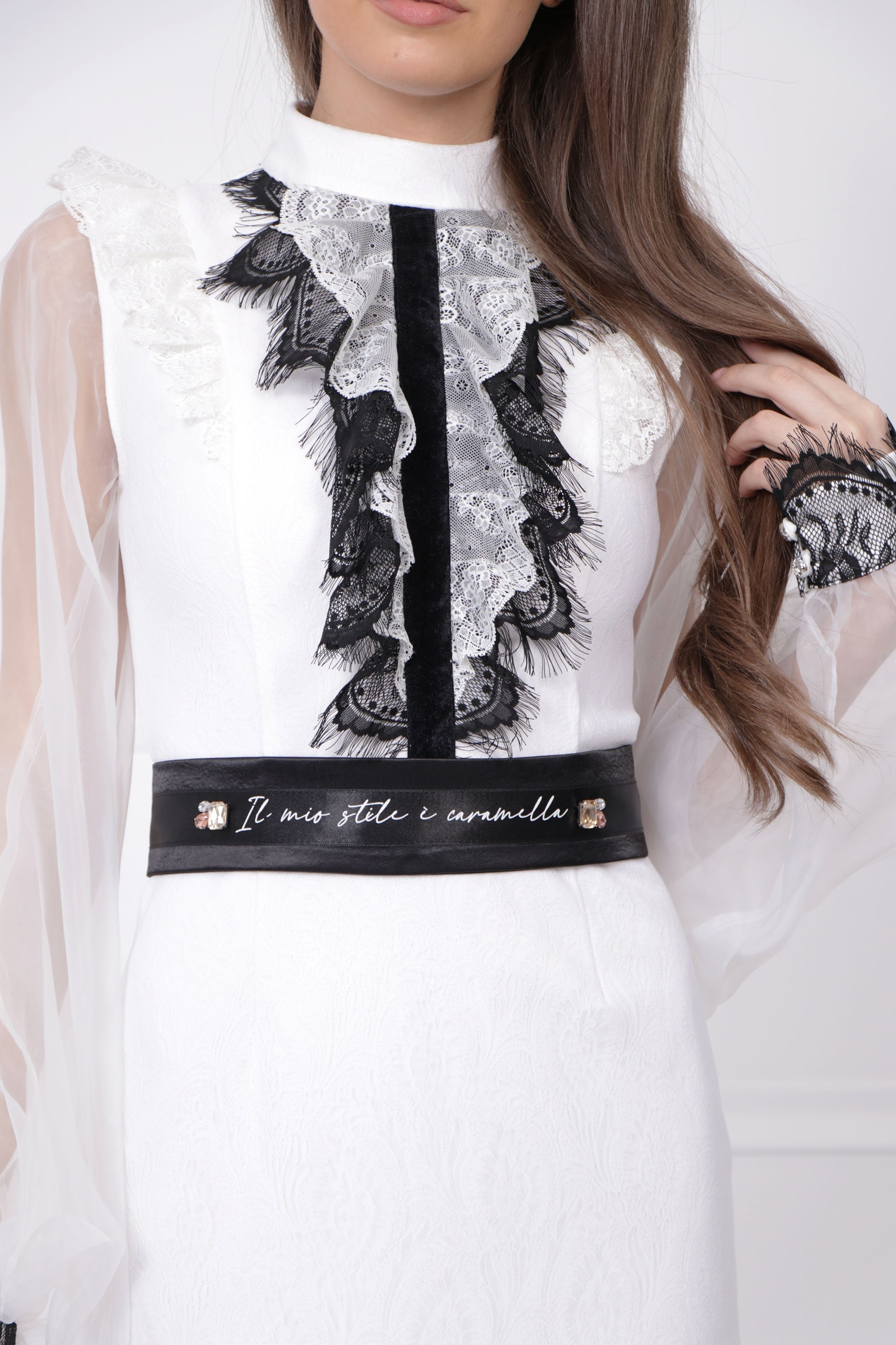 White Sheath Dress: Elegant Black Lace, Balloon Sleeves White Sheath Dress: Elegant Black Lace, Balloon Sleeves