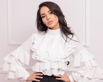 Victorian Ruffle Chiffon Blouse: Formal High Neck Shirt