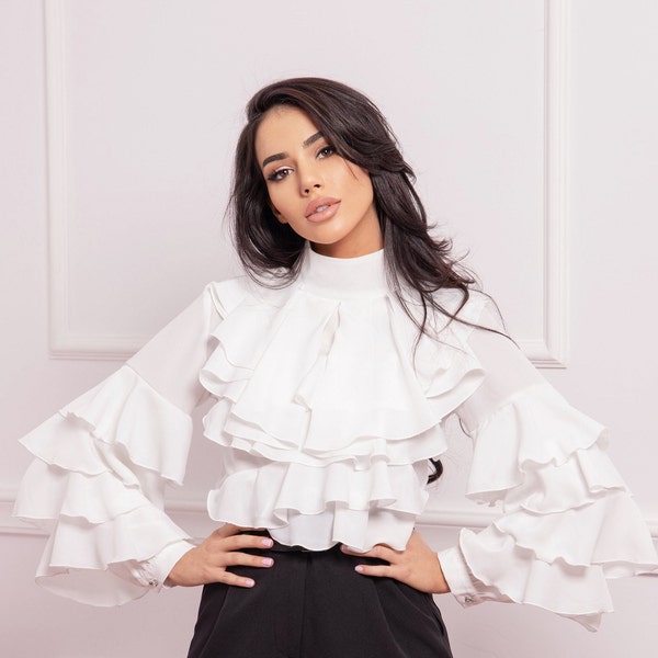 White Ruffle Blouse, Victorian Blouse, Formal Frilly Shirt, High Neck Blouse, Chiffon Blouse, Womens Clothing, Caramella Fashion ~ 022516