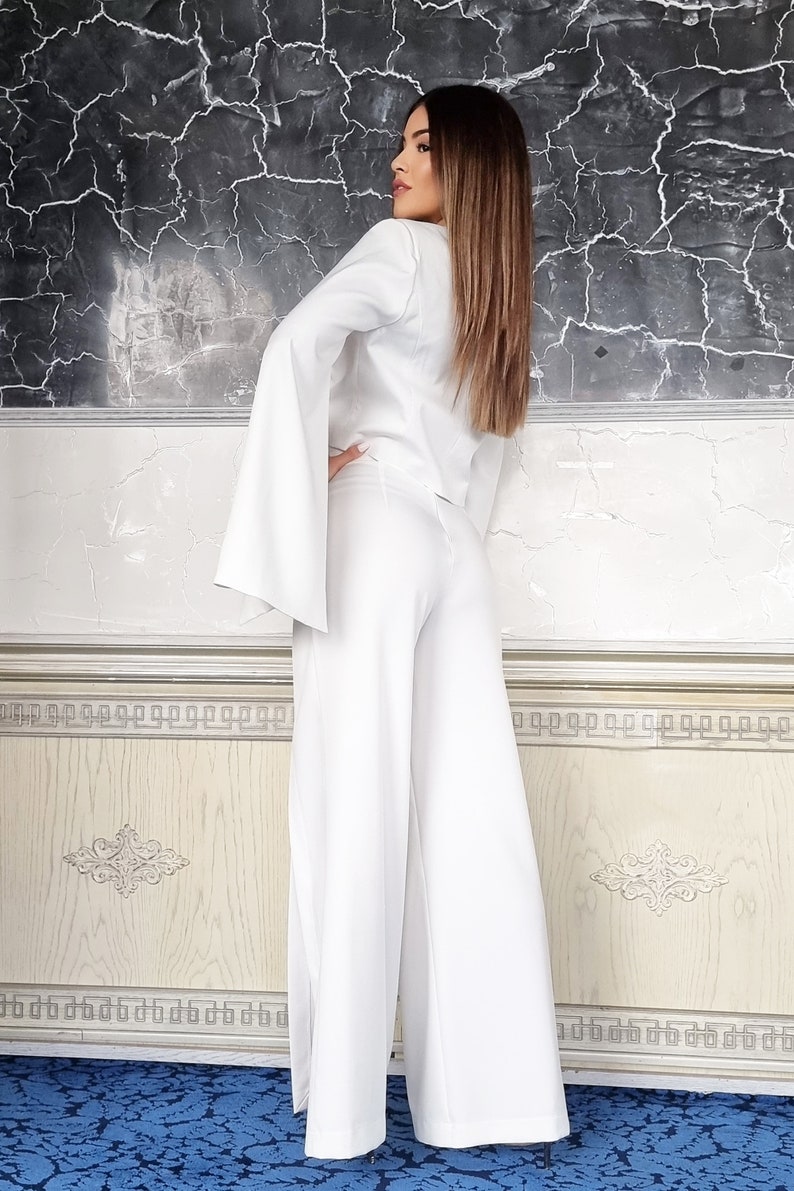 White Long Formal High-waisted Classy Elegant Pants with a cut / Designer Formal pants / Long white pants image 5